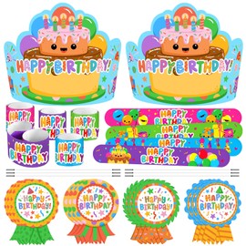 Toidgy 108 Pcs Birthday Crowns Party Hats for Kids Classroom, Include Happy Birthday Badge Stickers and Slap Bracelet, Paper Hats with Elastic Band, Preschool School Supplies for Teachers Students