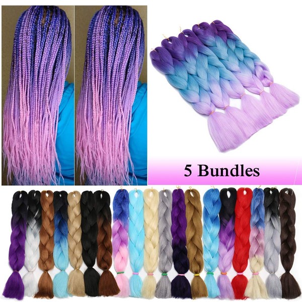 Ombre Jumbo Braiding Hair Purple - Blue - Light Purple Three Tones Crochet Twist Hair Extensions 24 inch Long Box Braids Heat Resistance Synthetic Hair for Women (24",5 Bundles)