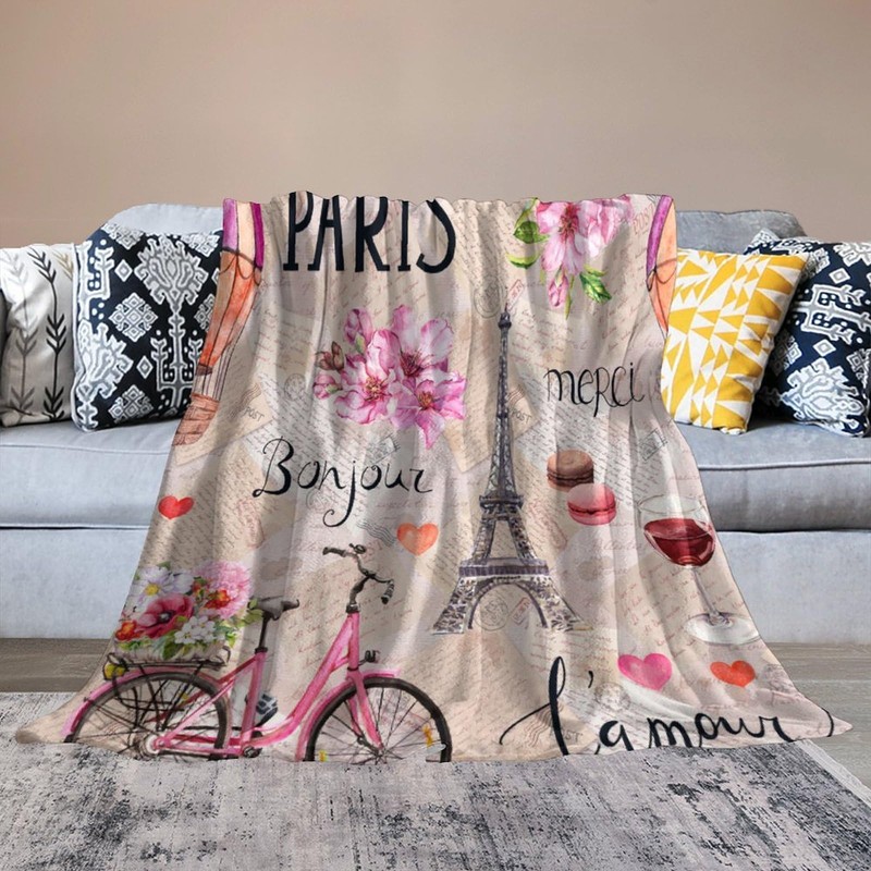 Paris Eiffel Tower Throw Blanket Pink Flowers Towers Bicycle Pattern