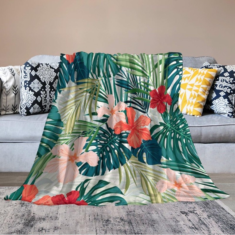 Tropical Throw Blanket Green Palm Leaves Pink Flowers Pattern Soft