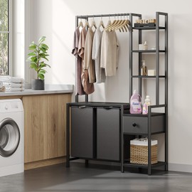 Laundry Hamper with Shelf, 5 Tiers Tall Laundry Basket Sorter with 2 Pull-Out and Removable Bags, Clothes Rack with Laundry Sorter for Laundry Room Bathroom Bedroom, Black