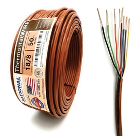 18/8 50Ft. NATIONAL Wire&Cable Thermostat Doorbell HVAC Heating Control Professional Cable Wire - Made in USA - 100% Solid Copper Conductors, CL2 ETL Listed, Low Voltage Applications Use