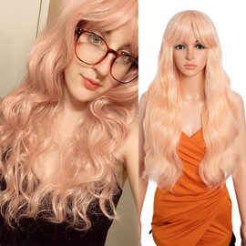 26 Inch Long Wavy Wigs for Women, Black Wig with Bangs, Ombre Brown Wig with Dark Roots, Long Layered Wig, Heat Resistant Synthetic Wig, Natural Looking Wigs for Daily Party Use (TFC22)