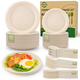 FEHHTO Compostable Paper Plates Set, 250PCS Disposable Heavy-Duty Sugarcane Plate and Eco-Friendly Utensil Biodegradable Dinnerware Plates, Extra Long Forks & Knives & Spoons for Party | FEHHTO