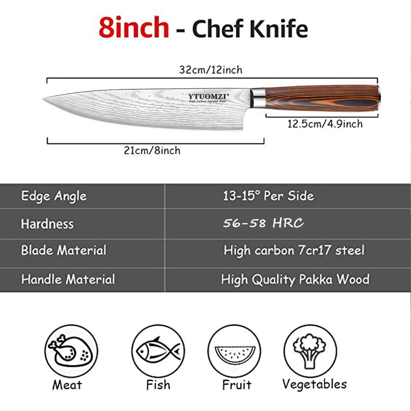 Ytuomzi Razor-Sharp Chef Knife, 8-inch High Carbon Stainless Steel Chef's