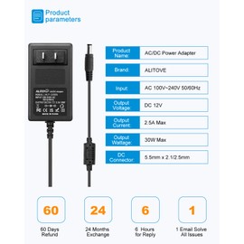 ALITOVE DC 12V Power Supply 2.5A 30W Universal AC Adapter 12 Volt 2500mA 2A Transformer 12V Power Adapter Cord 5.5 x 2.5mm DC Plug for LED Strip Lights CCTV Camera Routers Sceptre Monitor Power Cord