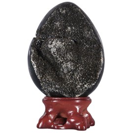 KYEYGWO 62-80 mm Black Crystal Egg with Display Stand, Natural Septarian Dragon Stone Crystal Geode Cluster Gemstone Eggs Figurine Collectibles for Home Table Decor