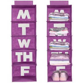 Hahafelt 2 Pcs 5 Shelf Weekly Clothes Organizer for Kids Hanging Closet Organizer Weekday Daily Activity Clothes Storage Days of The Week Outfit Storage for Monday Through Friday(Purple)
