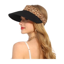 La Carrie Women Wide Brim Straw Visor Sun Hat UV Protection Packable Beach Cap for Summer UPF 50+(Black Leopard)