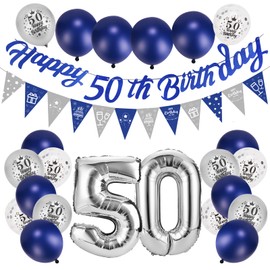 Afirbeone 50th Birthday Decorations for Men Women Navy Blue and Silver, Happy 50th Birthday Banner, Triangle Flag Banner, Confetti Latex Balloons and Aluminum Foil Balloons, for Birthday Party