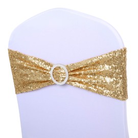 ANMINY Pack of 50 All Around Sequin Chair Sashes with Bows Stretchy Spandex Decorative Shiny Sparkly Sash Band for Banquet Chair Cover Romantic Wedding Party Ceremony Home Decoration, Light Gold