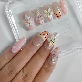 Handmade Press on Nails Almond Medium Length 3D Floral Nails French Tip Thick Acrylic Fake Nails Pink False Nails with Polka Dots Flower Pearls Designs Sturdy Nail Art Press on Nails 10Pcs(M)