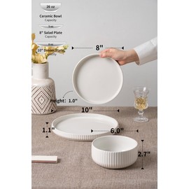 FOBENTA Dinnerware Sets for 4,Microwave Safe Plates and Bowls Sets,12 Piece Dylan Dish Set,Reactive Glaze Stoneware Dinnerware Set (Gloss Reactive Snow White, Service for 4 (12pcs))