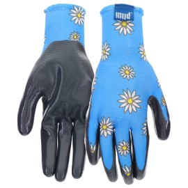 MUD Grip Women's Daisy Printed Polyester Shell and Flat Nitrile Coated Palm Gardening Gloves, Superior Grip, Water Resistant, Extreme Comfort, Blue, Small/Medium, (MD31001B-WSM)