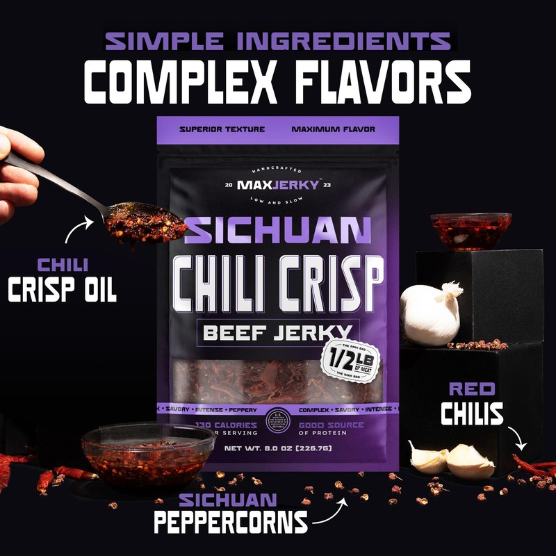MaxJerky Sichuan Chili Crisp Beef Jerky, 104 Grams of Protein,