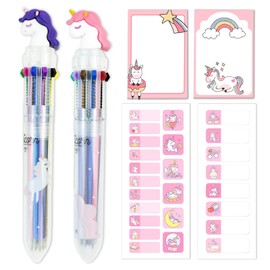 Schulsachen 2 x 10-in-1 Unicorn Ballpoint Pens, Content Filling School Cone Unicorn Girls, Name Stickers Children School and Sticky Notes, Pens First Day of School Girls, Gifts for First Day of School