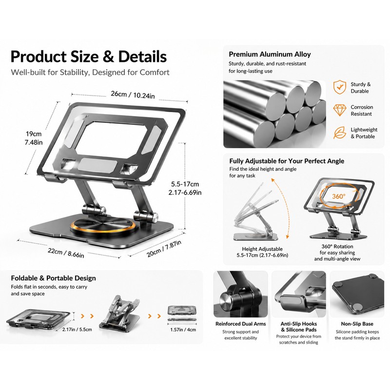 Aluminum Alloy 360 Degree Rotation Foldable Mobile Phone Tablet Bracket