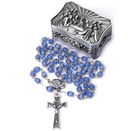 Jirehjill Rosary Beads Catholic for Woman - Italy 8-9mm AAA+ Natural Blue Cat Eyes Gemstone Rosary Beads.