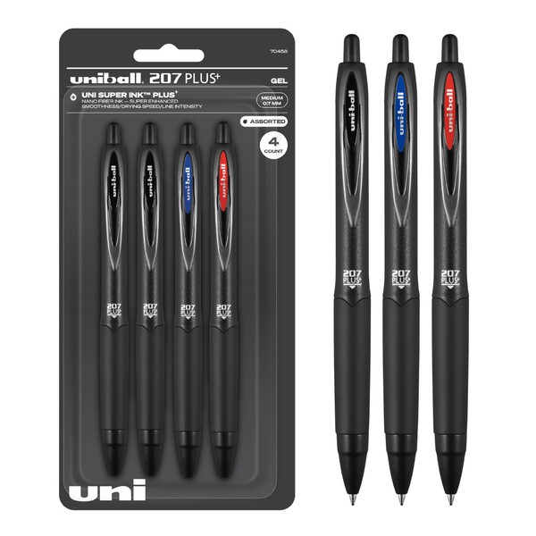 uniball 207 Plus+ Retractable Gel Pens 4 Pack in Assorted Colors with 0.7mm Medium Point Pen Tips - Uni-Super Ink+ is Smooth, Vibrant, and Protects Against Water, Fading, and Fraud