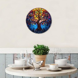 Wood Wall Clock Silent Non-Ticking Large Numbers Battery Operated Tree of Life Stained Glass Botanical Colorful Paintings Wood Clocks Vintage Wall Decor for Entryway Garage Garden 12 Inch