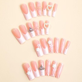 24 PCS Press on Nails Long Square Fake Nails French False Nail Tips Long Pink Acrylic Nails Full Cover With 3D Pearls Charms Flower Love Rhinestones Designs Glossy Stick on Nails for Women and Girls