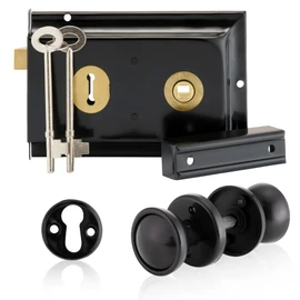 XFORT Rim Knob Set Black, Complete with A Rim Lock, Plastic Rim Door Knob and Escutcheons, Designed for Wooden Barn, Gate and Shed Doors.