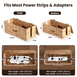 2 Pack Cable Management Box with Lid, Handwoven Water Hyacinth Cord Organizer, 4 Side Open Slots Cable Hider for Power Strips, Cords & Wires, Desk/Floor/Office Storage Box to Hide Electronics Clutter