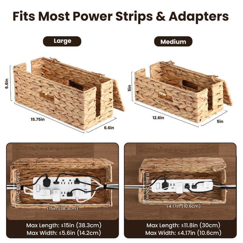 2 Pack Cable Management Box with Lid, Handwoven Water Hyacinth