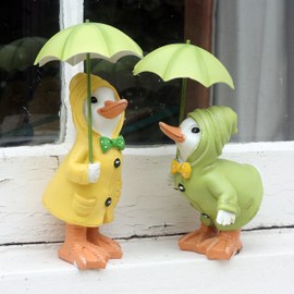 Dilly and Dally Garden Ducks, garden ornaments, Pair of Ducks, 21cm high with detachable metal umbrellas