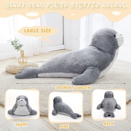 39 Inch Giant Seal Plush Stuffed Animal Large Soft Cuddly Grey Cute Hug Seal Plush Toy Adorable Big Pillow Gift for Kids Sleeping Companion Birthday Ocean Animals Decor