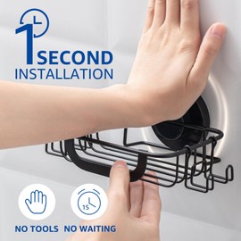 SWAMTIK Soap Dish Bar Soap Holder Suction Cup with 4 Hooks, Stainless Steel Soap Saver Tray for Shower Wall, Bathroom, Kitchen, Rustproof Drill-Free Soap Bar Holder, Black