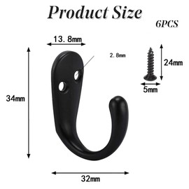 Single Coat Hooks 6 Pack, Wall Mounted Black Door Hooks Metal Robe Heavy Duty Coat Hook with Screws Small Wall for Bathroom Bedroom Kitchen Garage Toilet Office Shop Hanging