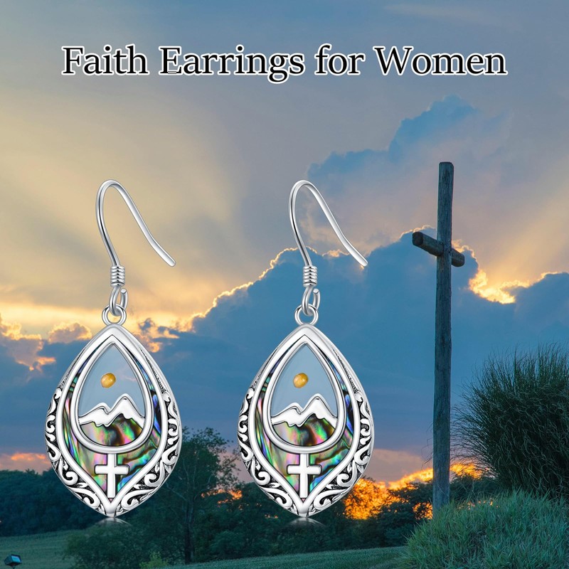 AOBOCO Mustard Seed Cross Earrings Sterling Silver Faith Mountain Dangle