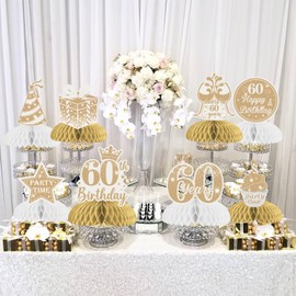 JOYMEMO 8 Pieces Boho 60th Birthday Honeycomb Centerpieces - White and Gold 60th Birthday Decorations for Women Men, White Beige Sixty Birthday Table Toppers Party Supplies