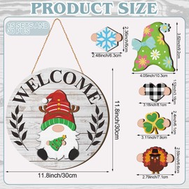 Qunclay Interchangeable Wooden Gnome Decor Holiday Seasonal Gnome Decorations with Magnet Pieces and Detachable Hats Changeable Welcome Sign for Home (Grey and White)