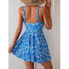 B2prity One Piece Swimdress Swimsuit for Women Tummy Control Wrap Swim Dress Modest Ruched Skirt Bathing Suit Blue Print