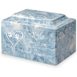 Mainely Urns Sky Blue Dog Paw Prints in Heart Pet Cremation Urn for Ashes - Personalize with Name, Date, and Sentiment - Cultured Marble - 100 Cubic Inch for a Pet Weighing up to 100 Pounds
