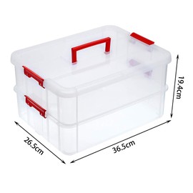 SUMNACON 2-Tier Stackable Craft Storage Box Plastic Adjustable Storage Containers with Carry Handle Transparent Containers Organiser for Art & Craft Toys, Sewing Accessories, Red