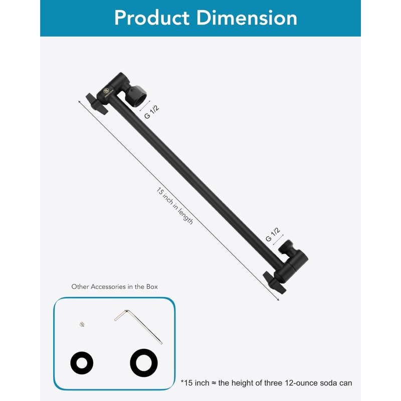 15 Inch Extra Long Adjustable Shower Head Extension Arm With