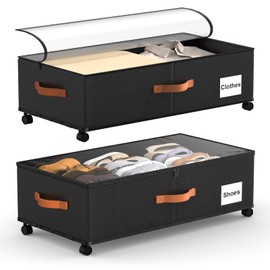 Under Bed Storage with Wheels, 9.5'' Higher Under Bed Storage Containers with Clear Lids & Label, 2 Pack 60L Larger Capacity Under Bed Storage Bins, Metal Drawer for Clothes, Blankets, Shoes, Toys