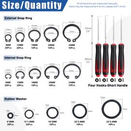 Glarks 225Pcs Heavy Duty Snap Ring Pliers Set, Straight & Bent Jaw Pliers and Internal External Circlip Snap Retaining Clip Rings and Metric Rubber O-Rings with Removal Hooks Assortment Kit