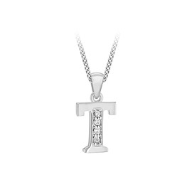 Tuscany Silver Sterling Silver Rhodium Plated Initial 'T' with Cubic Zirconia on Curb Chain of 46cm/18''