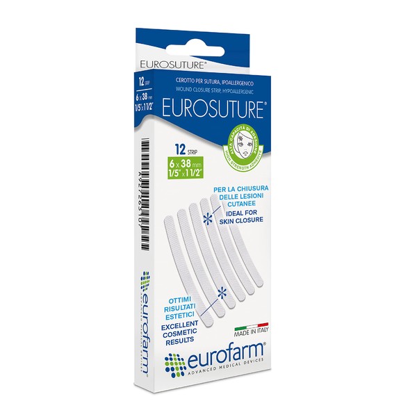 EUROSUTURE - Skin Closure 1/4 x 1 1/2 inches Sterile Suture Strips, Dynamic Adherence and Superior Security for Wounds – 2 envelopes of 6 Strips Each (12 Strips) - Made in Italy