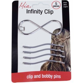 Mia Infinity Hair Clip Hair Accessory + Wavy Bobby Pins, Hair Pins, Shiny Silver Metal, Create Fashionable Criss-Cross Designs, for Women, Hair Stylists, Girls 5pcs