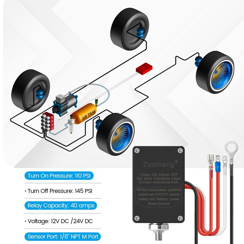 Zuomeng Pressure Switch with 40A Relay, Corrosion-Resistant, for 12V/24V Systems,