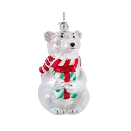Kurt Adler Noble Gems Polar Bear w/Gift Glass Christmas Ornament-4.5" H