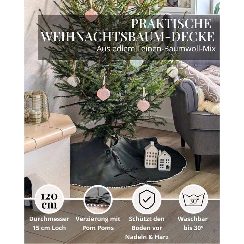 LIVLIG Round Linen Christmas Tree Skirt, 120 cm, Christmas Tree