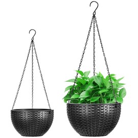 Foraineam Dual-Pot Self-Watering Hanging Planters, Black, 2 Pack, Indoor/Outdoor, Rattan Design, 10.2in and 8.2in