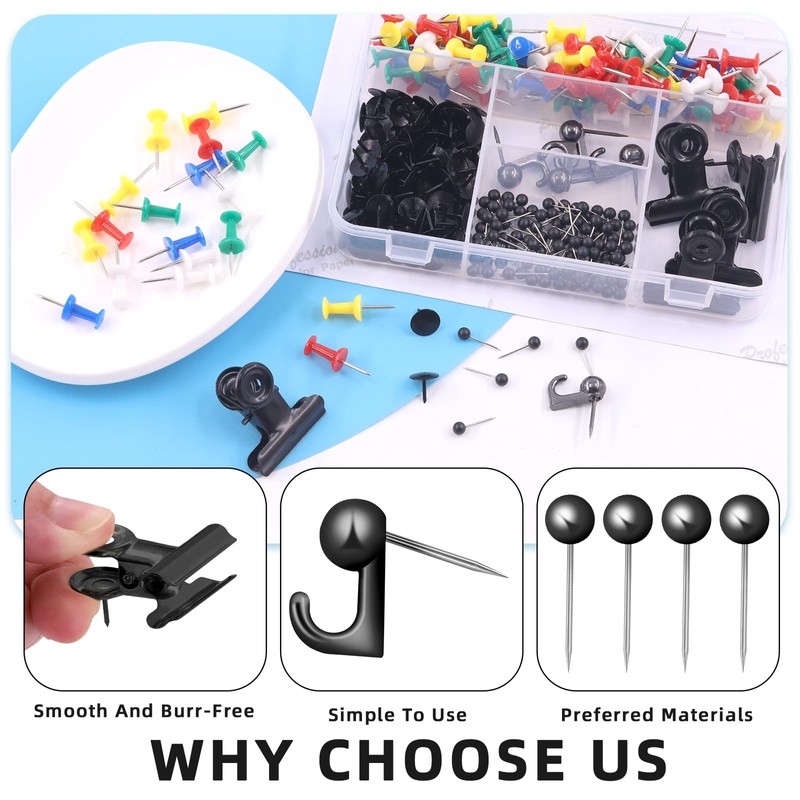 Glarks 310 Pieces 5 Styles Black Push Pins Set, Thumb