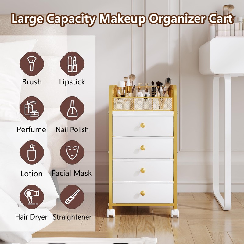 Rolling Makeup Organizer Cart, Under Desk Storage Cart with 4